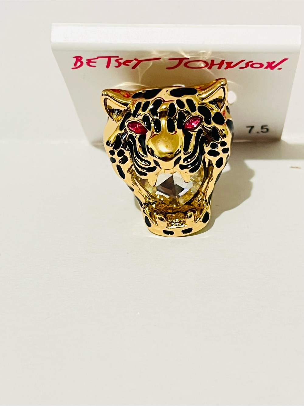 Betsey Johnson Gold and Black Leopard Cocktail Ring with Pink Eyes
